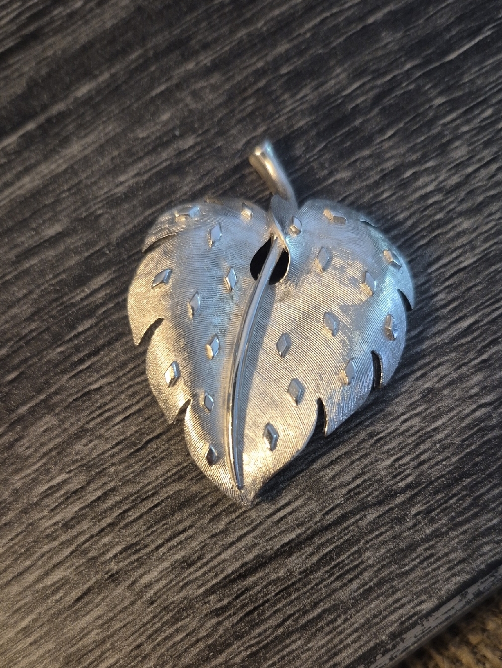 Crown Trifari Brushed Silver Tone Textured Leaf Brooch Pin